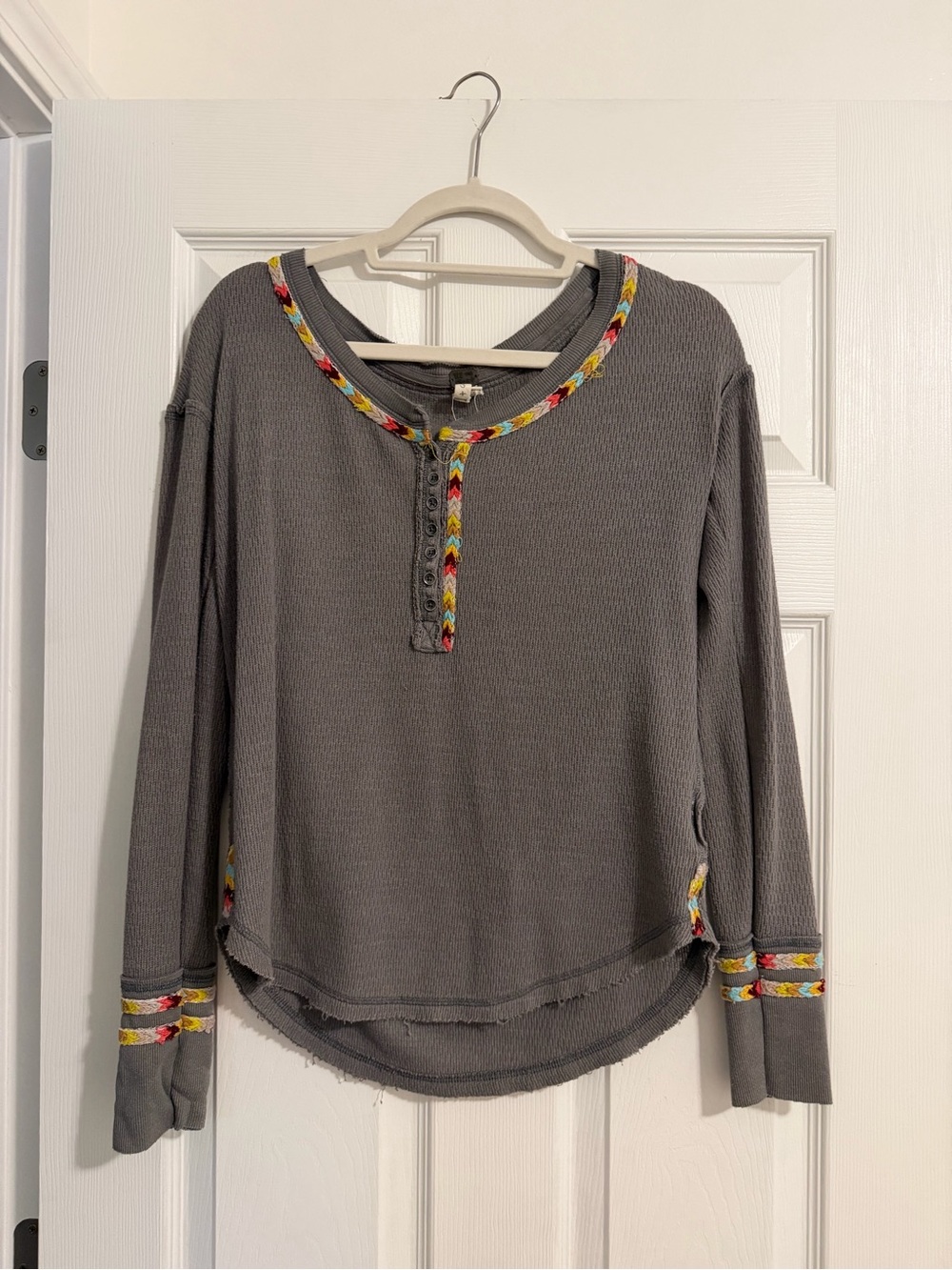 Free People Waffle Knit Long-Sleeve Top with Multicolor Trim - Gray
